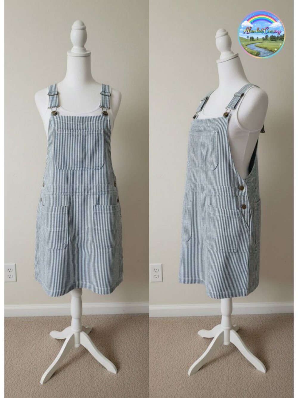 Womens Casual Denim Overall Dress Striped Sleeveless Mini Adjustable Straps